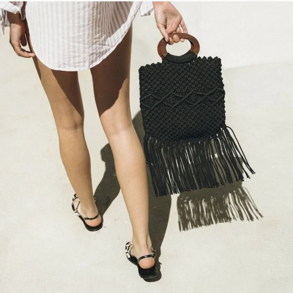 Danielle Nicole Black Fringe Crotchet Wooden Handle Crossbody Bag - Picture 4 of 13